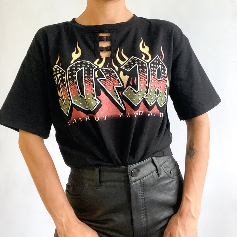ACDC Black Cropped T-shirt with flames.